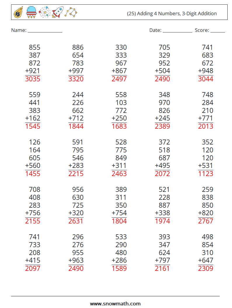 (25) Adding 4 Numbers, 3-Digit Addition Math Worksheets 9 Question, Answer