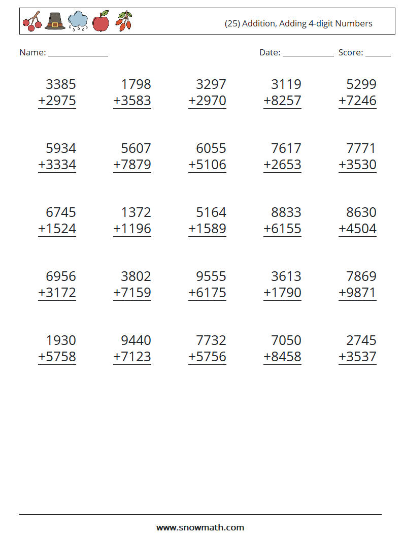 (25) Addition, Adding 4-digit Numbers Math Worksheets 10