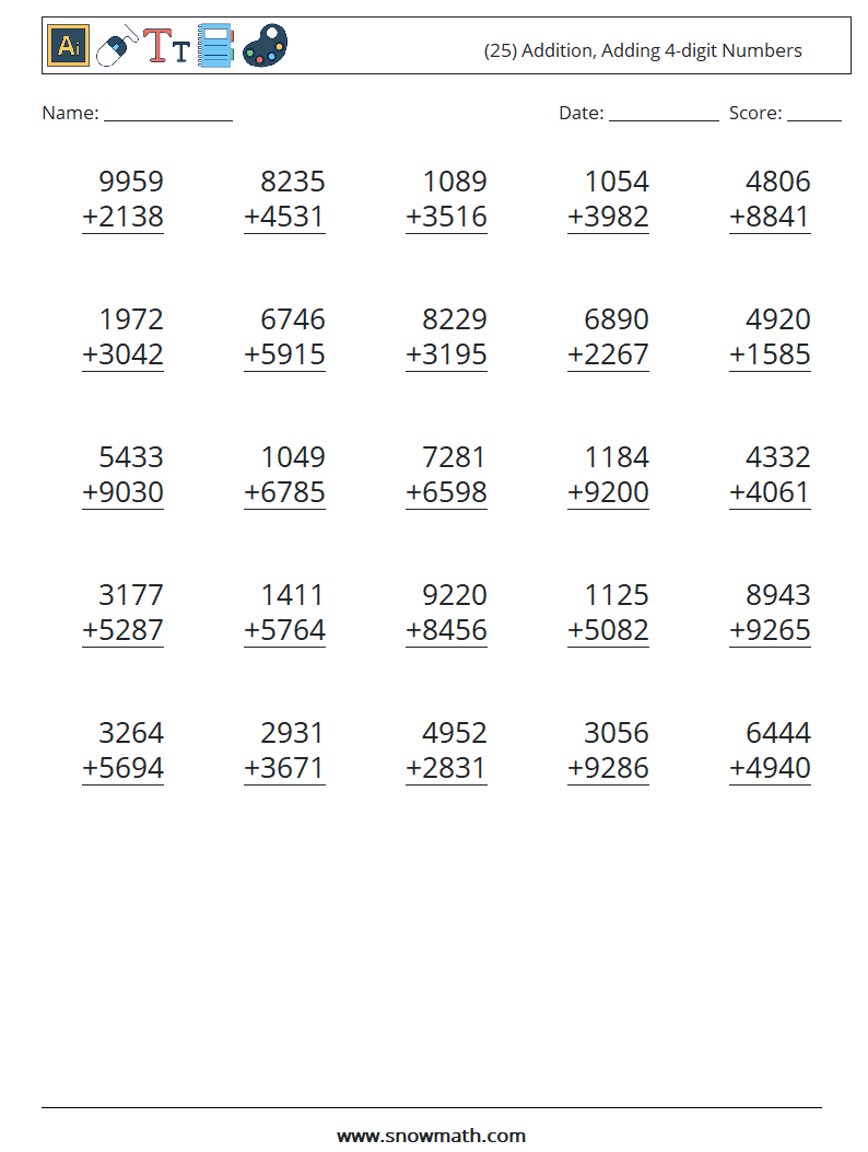 (25) Addition, Adding 4-digit Numbers Math Worksheets 11