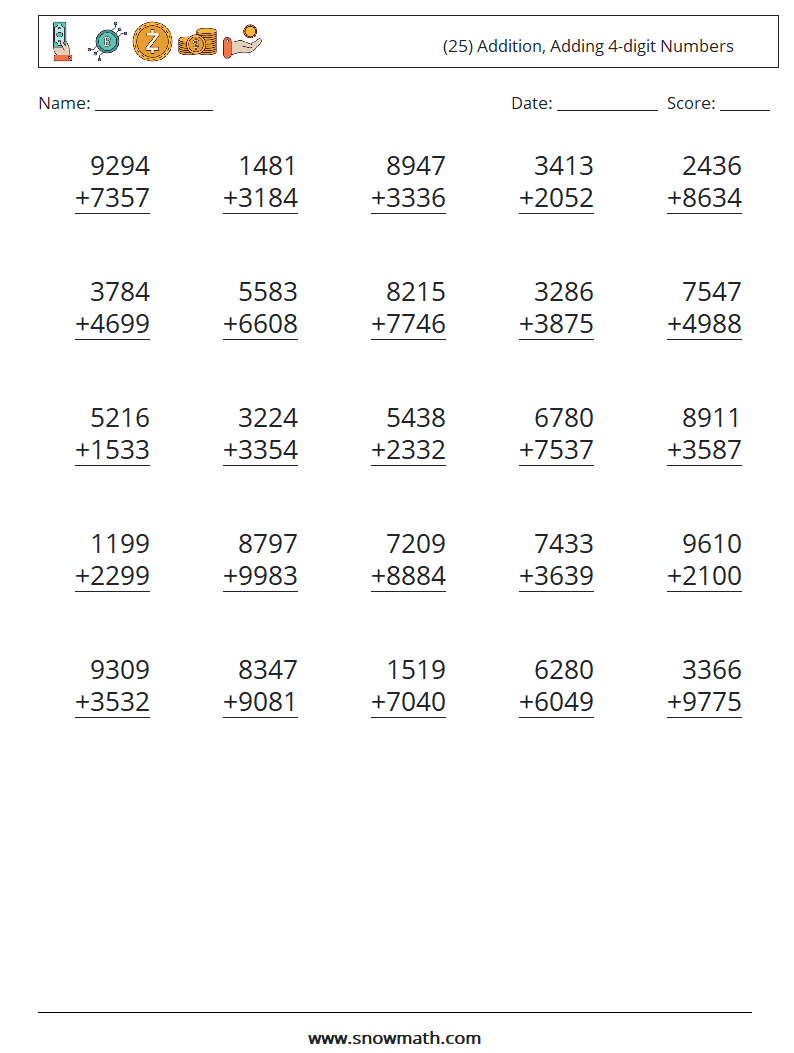 (25) Addition, Adding 4-digit Numbers Maths Worksheets 13