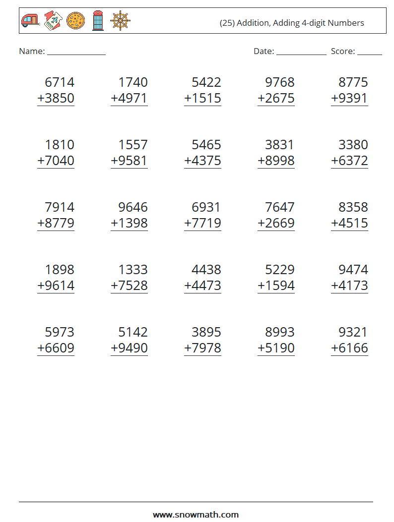 (25) Addition, Adding 4-digit Numbers Maths Worksheets 14