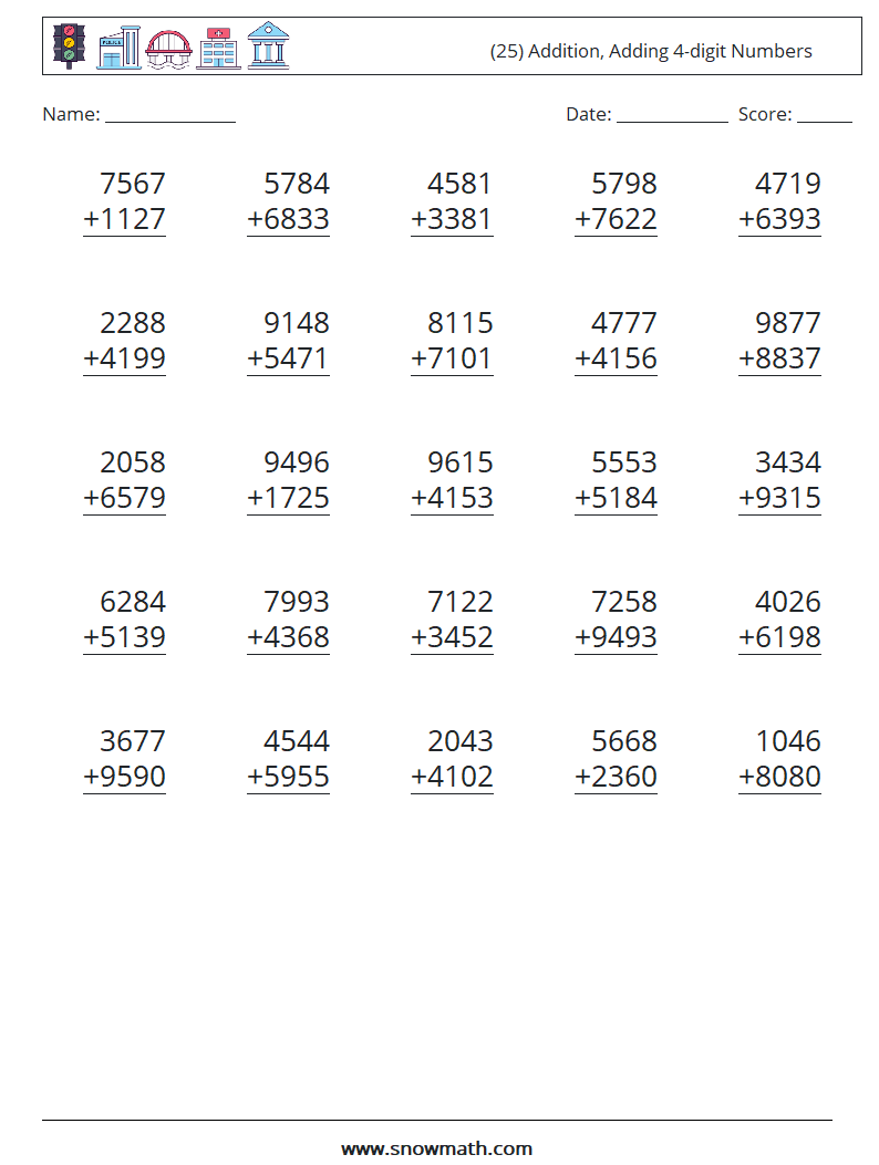 (25) Addition, Adding 4-digit Numbers Math Worksheets 16