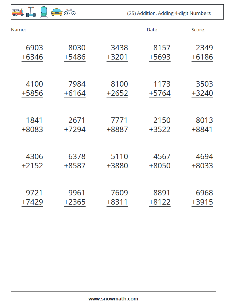 (25) Addition, Adding 4-digit Numbers Maths Worksheets 18