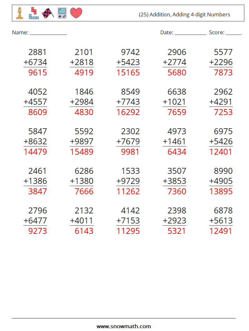 (25) Addition, Adding 4-digit Numbers Math Worksheets 1 Question, Answer
