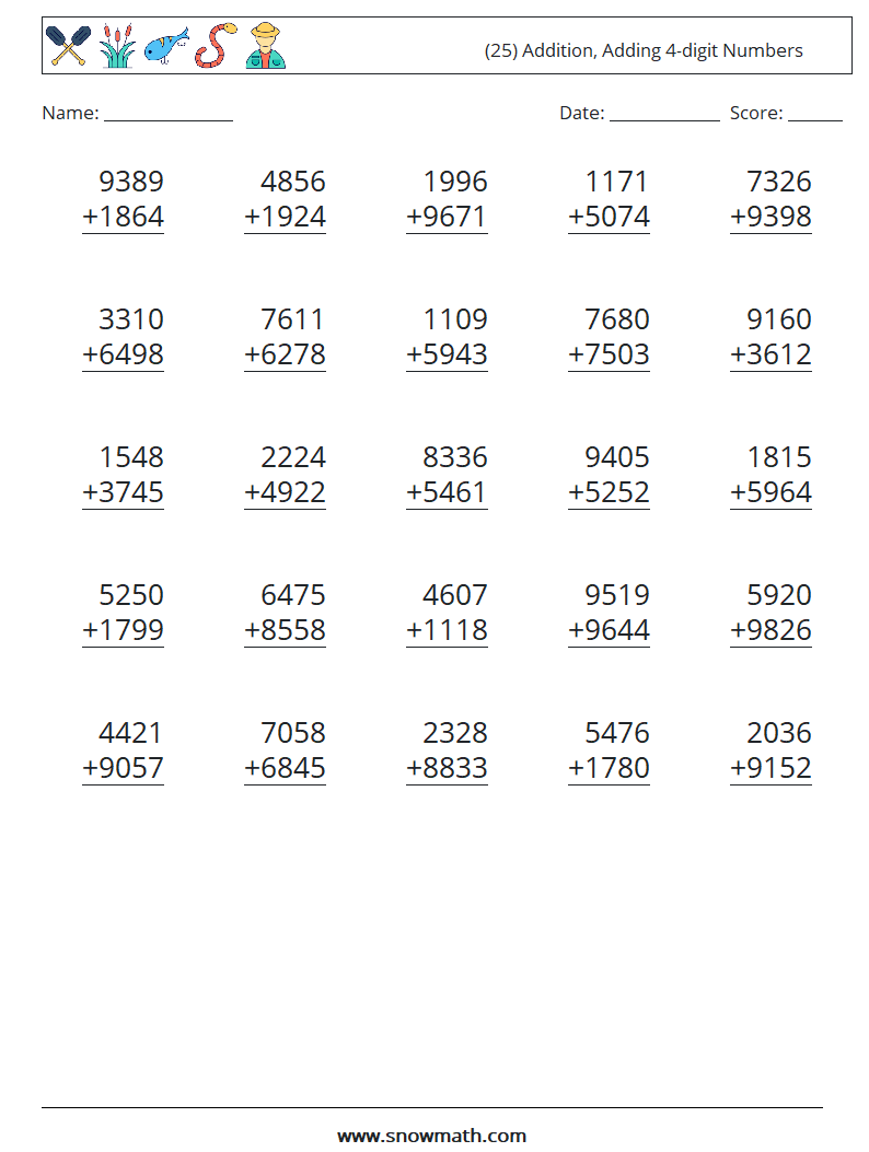 (25) Addition, Adding 4-digit Numbers Maths Worksheets 3