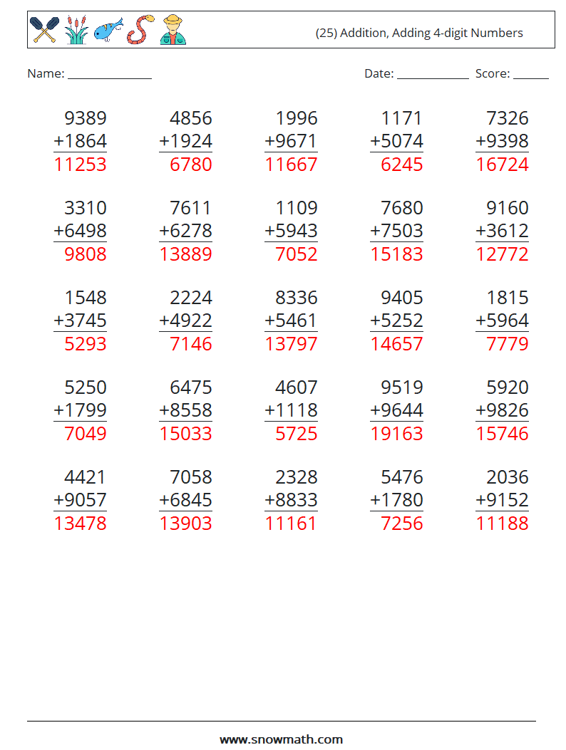 (25) Addition, Adding 4-digit Numbers Math Worksheets 3 Question, Answer