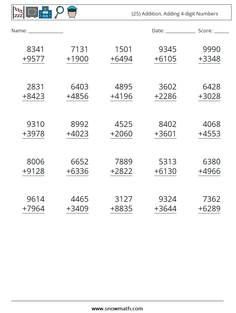 (25) Addition, Adding 4-digit Numbers Math Worksheets 4