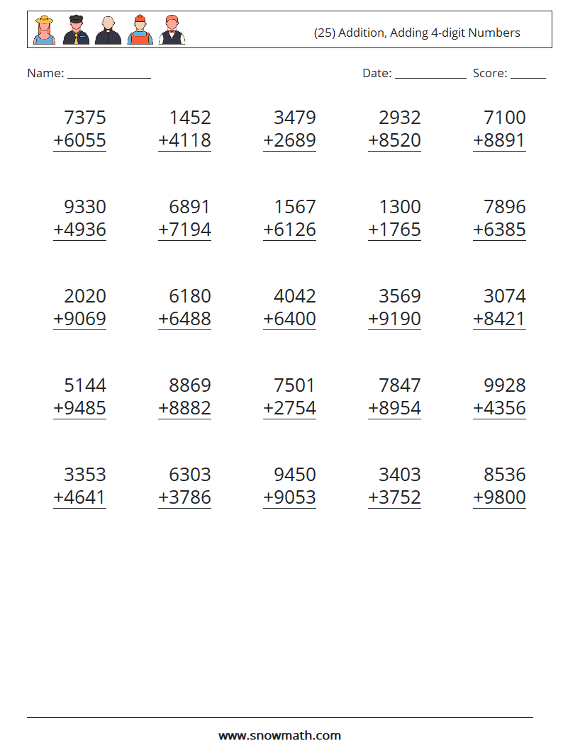 (25) Addition, Adding 4-digit Numbers Math Worksheets 7