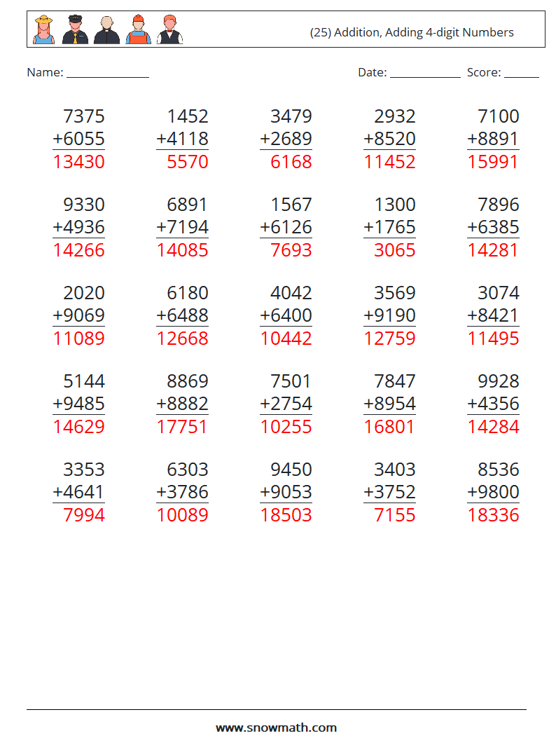(25) Addition, Adding 4-digit Numbers Math Worksheets 7 Question, Answer