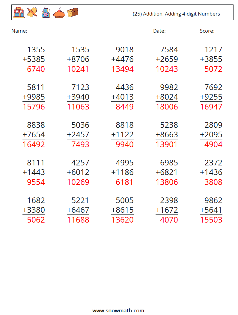 (25) Addition, Adding 4-digit Numbers Math Worksheets 8 Question, Answer