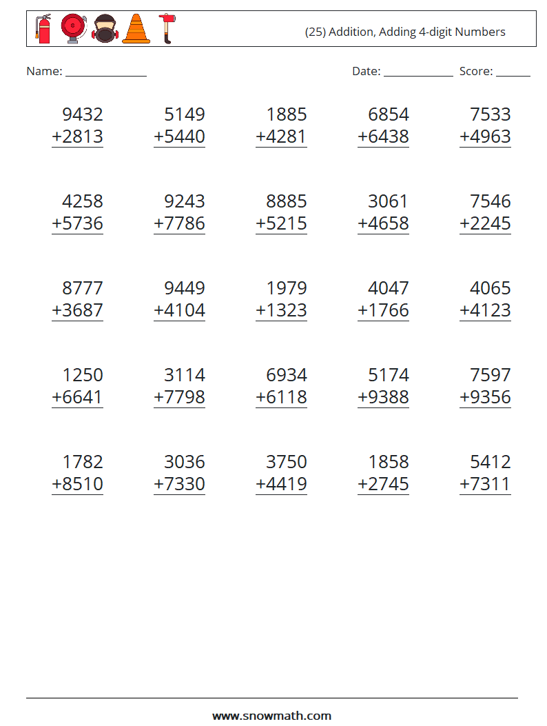 (25) Addition, Adding 4-digit Numbers Math Worksheets 9