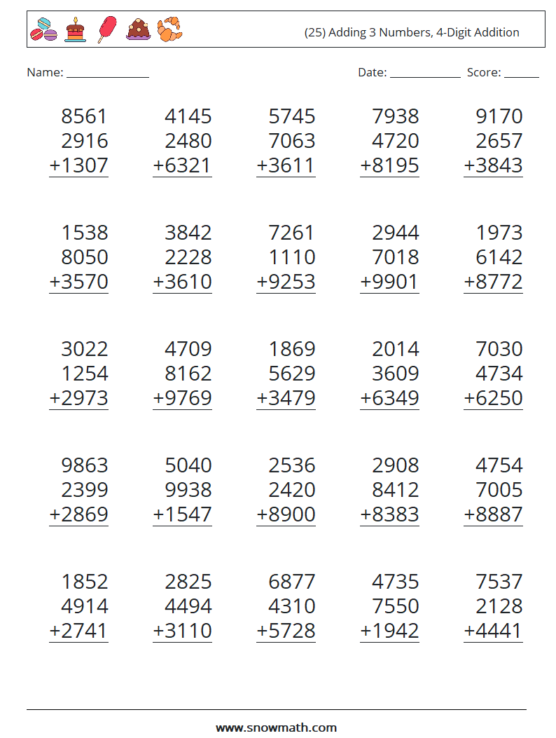 (25) Adding 3 Numbers, 4-Digit Addition Math Worksheets 1