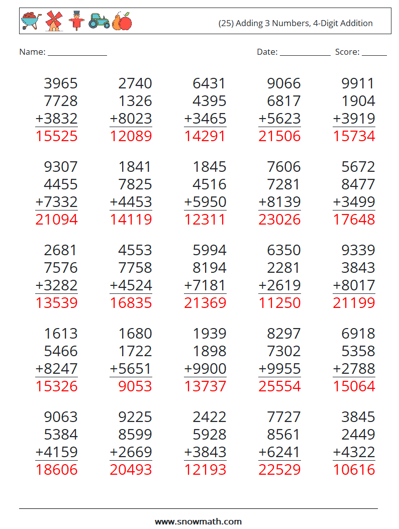 (25) Adding 3 Numbers, 4-Digit Addition Math Worksheets 10 Question, Answer