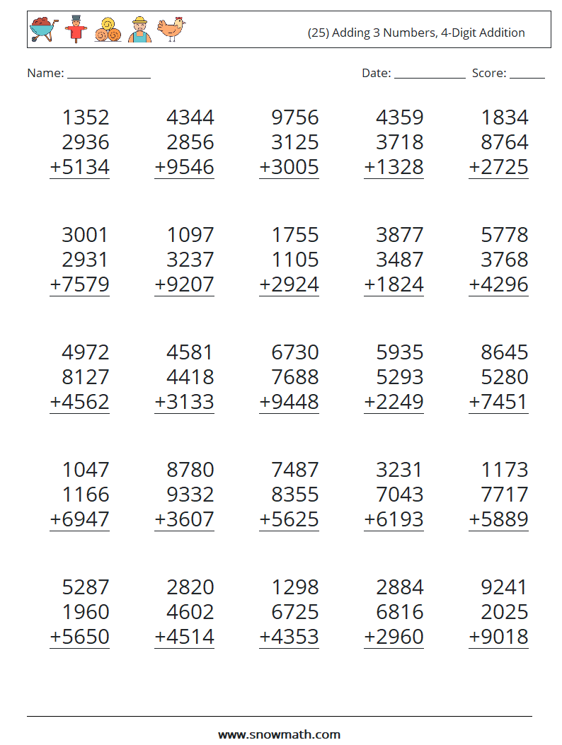 (25) Adding 3 Numbers, 4-Digit Addition Math Worksheets 11