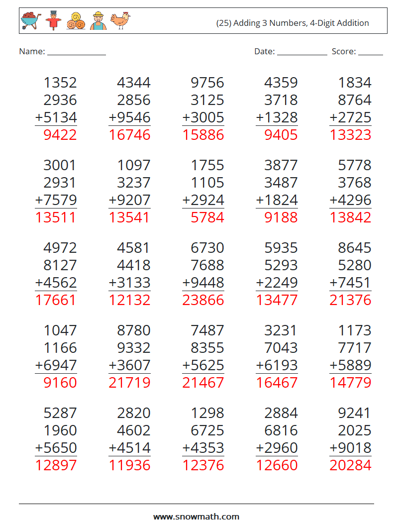 (25) Adding 3 Numbers, 4-Digit Addition Math Worksheets 11 Question, Answer