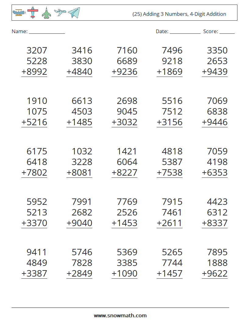 (25) Adding 3 Numbers, 4-Digit Addition Math Worksheets 12