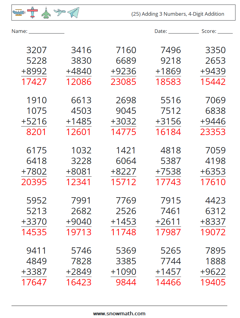(25) Adding 3 Numbers, 4-Digit Addition Math Worksheets 12 Question, Answer