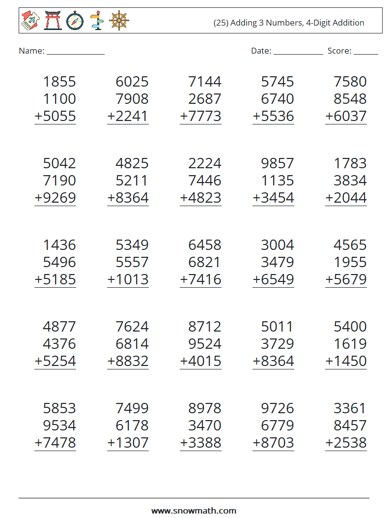 (25) Adding 3 Numbers, 4-Digit Addition Maths Worksheets 13