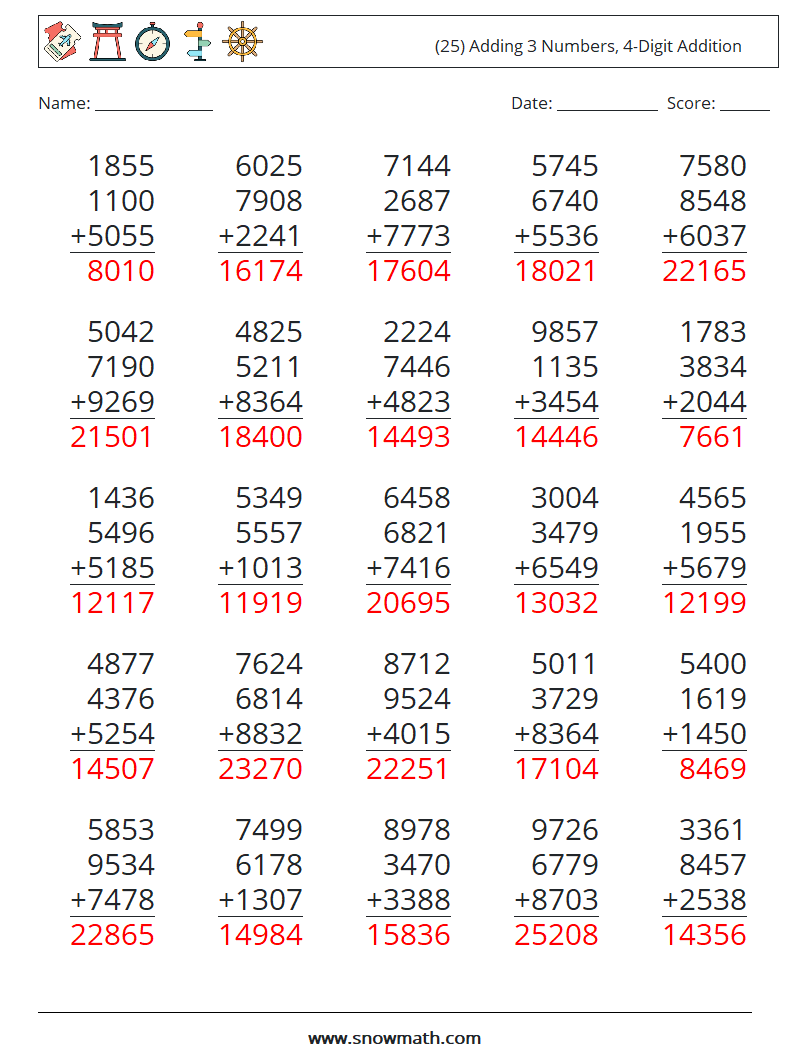 (25) Adding 3 Numbers, 4-Digit Addition Math Worksheets 13 Question, Answer