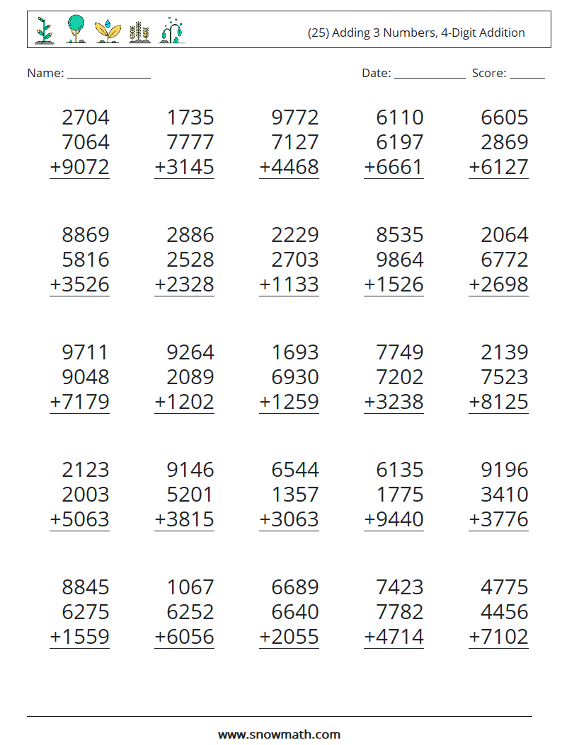 (25) Adding 3 Numbers, 4-Digit Addition Math Worksheets 14