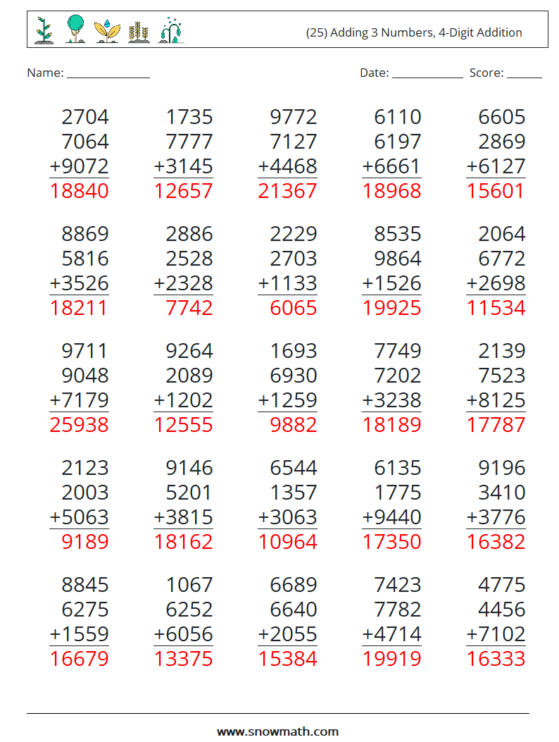 (25) Adding 3 Numbers, 4-Digit Addition Math Worksheets 14 Question, Answer