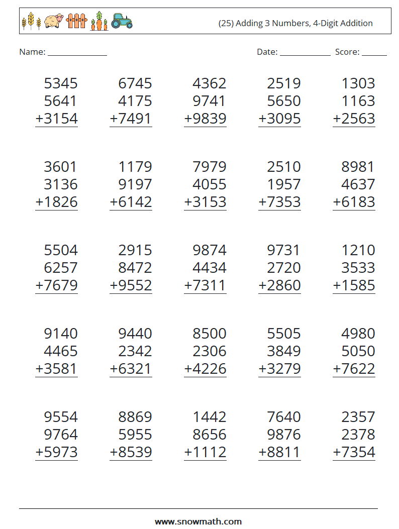 (25) Adding 3 Numbers, 4-Digit Addition Math Worksheets 15