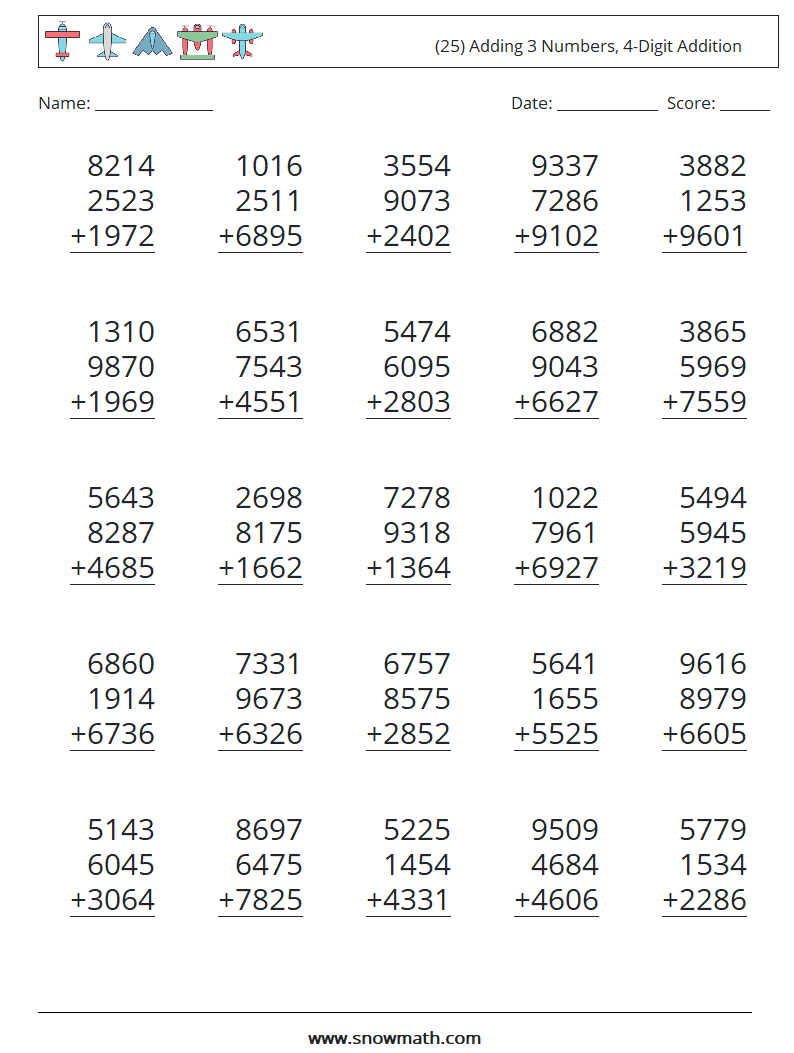 (25) Adding 3 Numbers, 4-Digit Addition Maths Worksheets 16