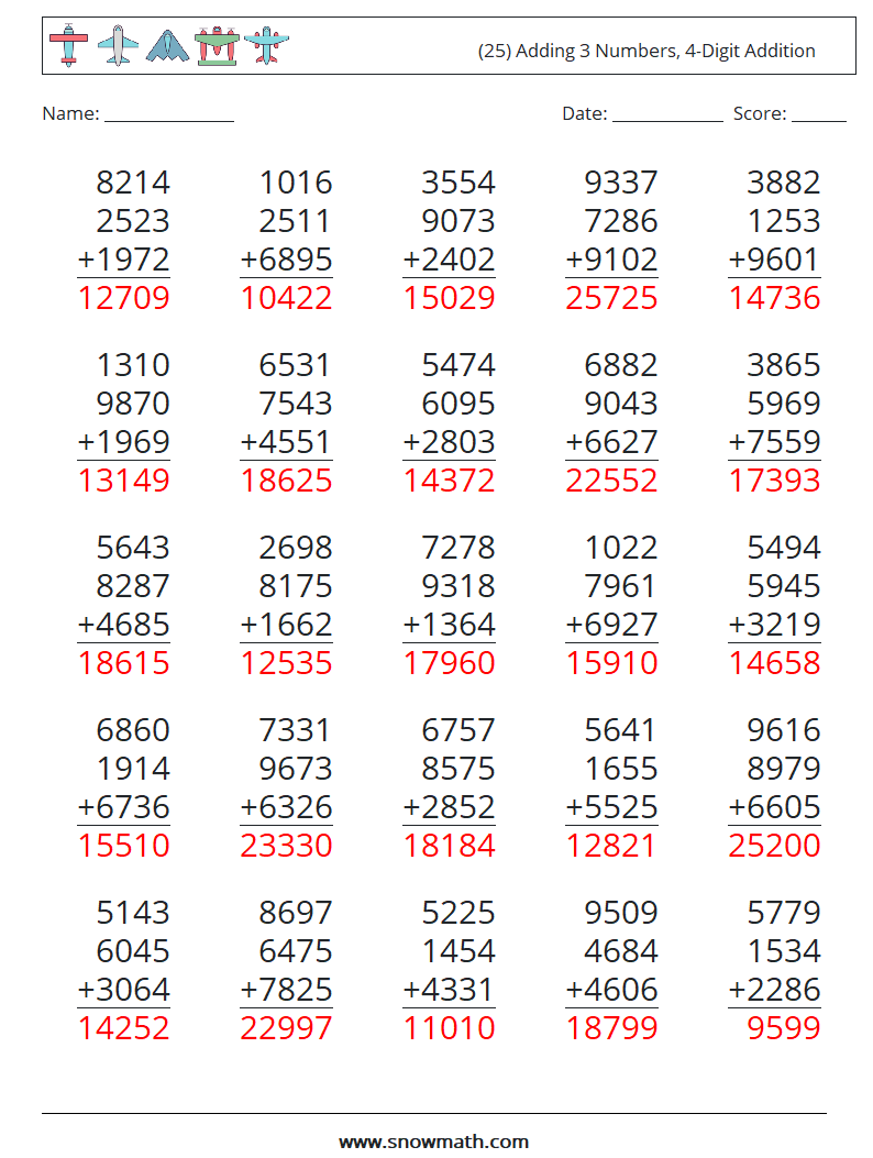 (25) Adding 3 Numbers, 4-Digit Addition Math Worksheets 16 Question, Answer