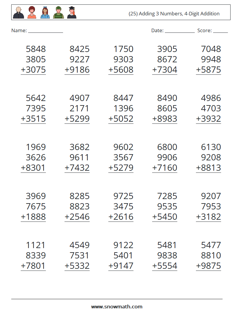 (25) Adding 3 Numbers, 4-Digit Addition Math Worksheets 17