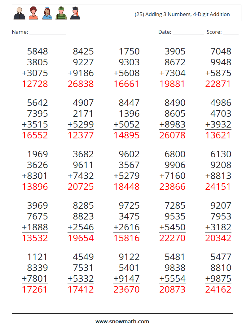 (25) Adding 3 Numbers, 4-Digit Addition Math Worksheets 17 Question, Answer