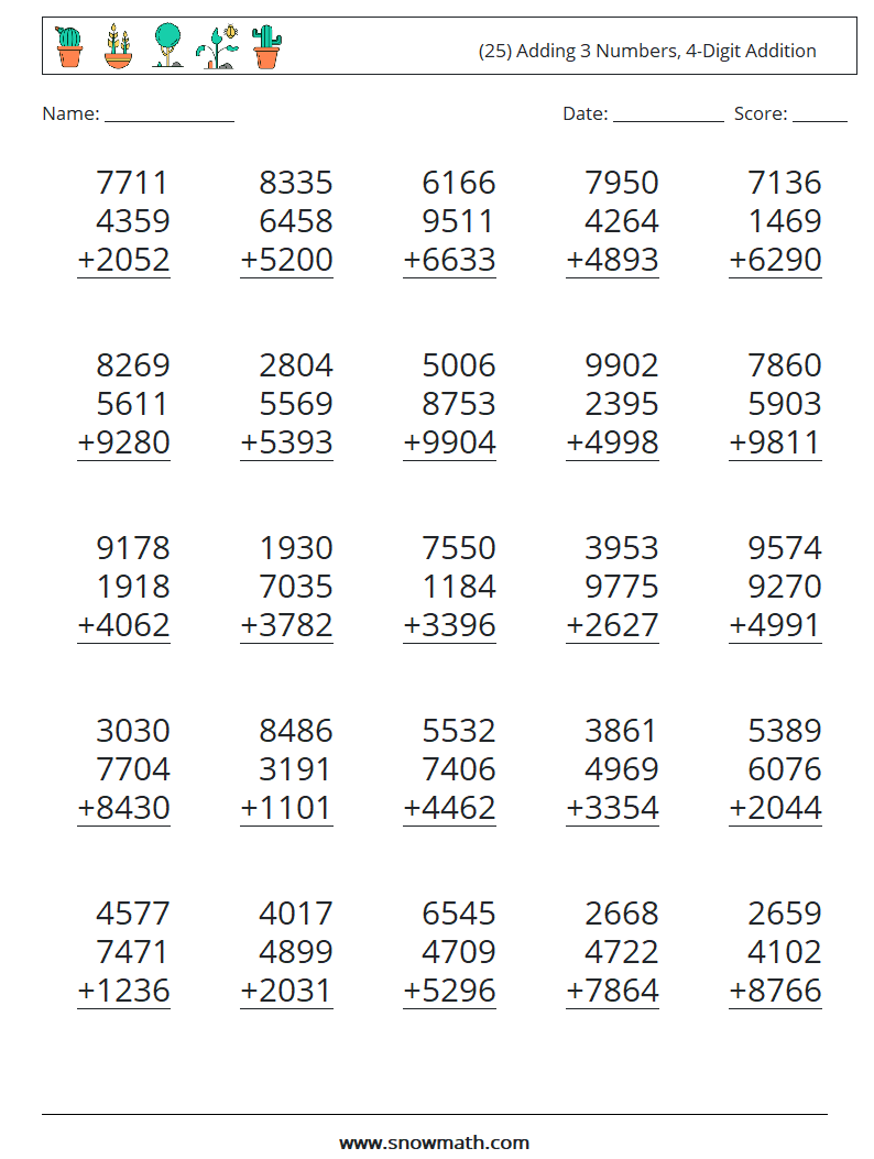 (25) Adding 3 Numbers, 4-Digit Addition Math Worksheets 18