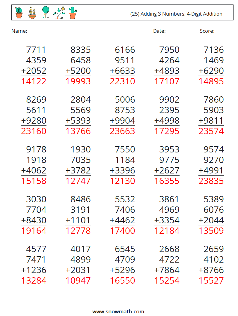 (25) Adding 3 Numbers, 4-Digit Addition Math Worksheets 18 Question, Answer