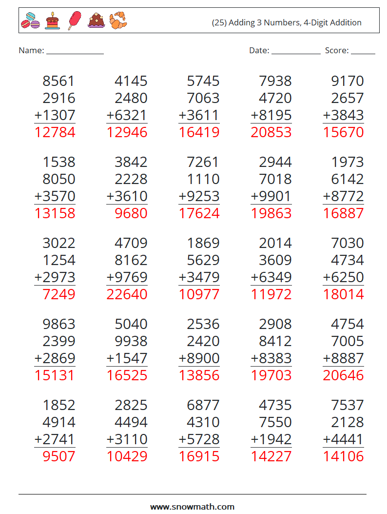 (25) Adding 3 Numbers, 4-Digit Addition Math Worksheets 1 Question, Answer