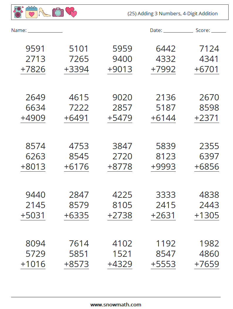 (25) Adding 3 Numbers, 4-Digit Addition Maths Worksheets 2