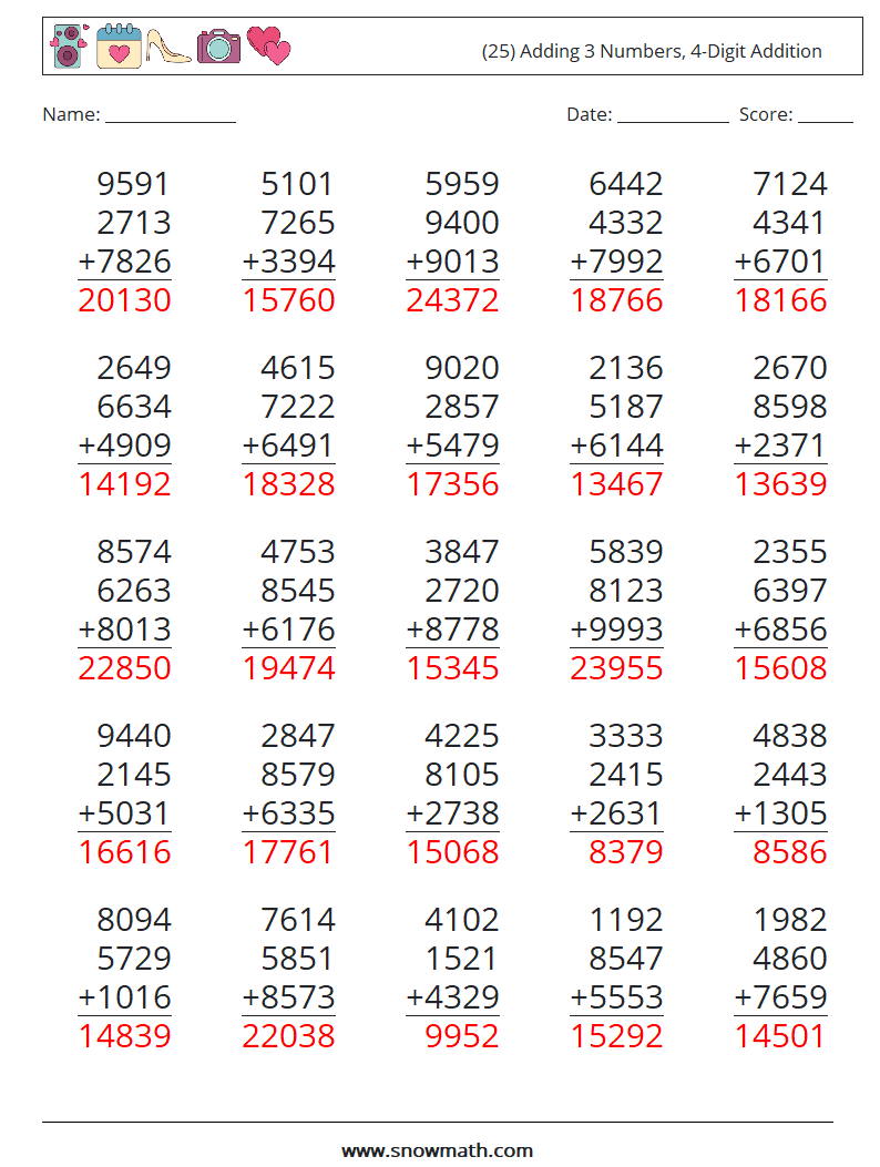 (25) Adding 3 Numbers, 4-Digit Addition Math Worksheets 2 Question, Answer