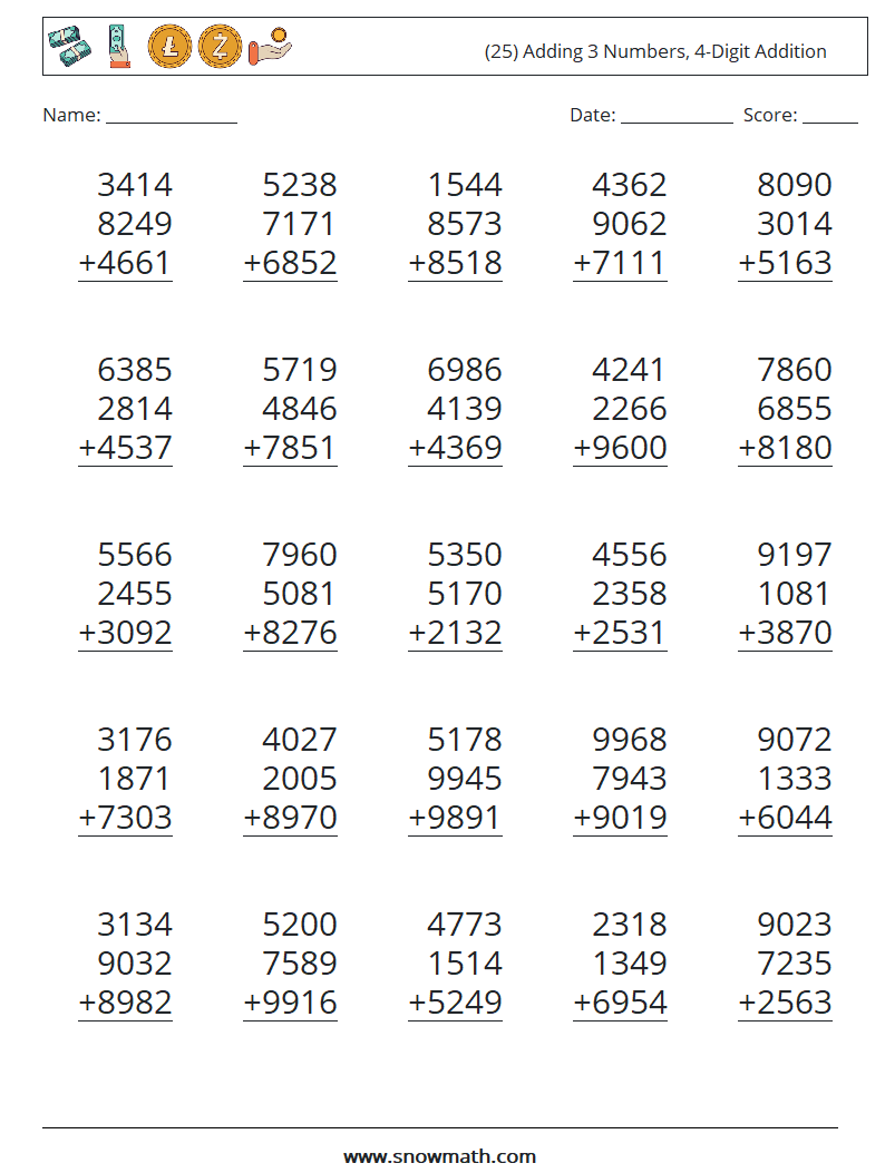 (25) Adding 3 Numbers, 4-Digit Addition Maths Worksheets 3