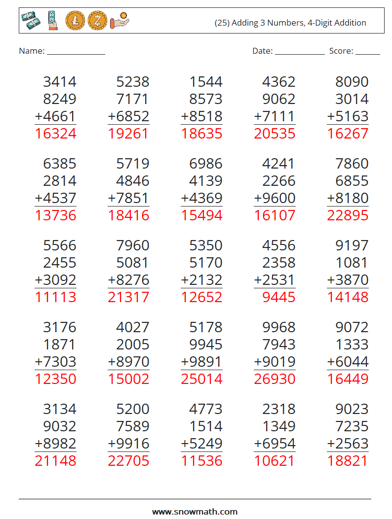 (25) Adding 3 Numbers, 4-Digit Addition Math Worksheets 3 Question, Answer