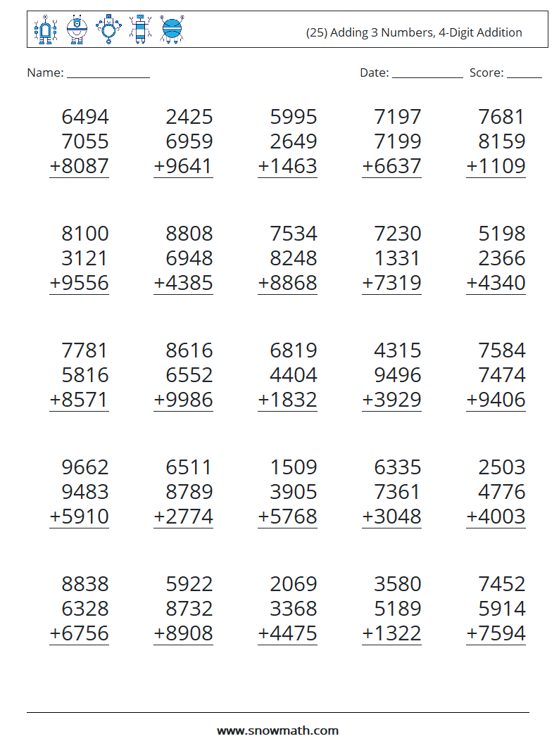 (25) Adding 3 Numbers, 4-Digit Addition Maths Worksheets 4