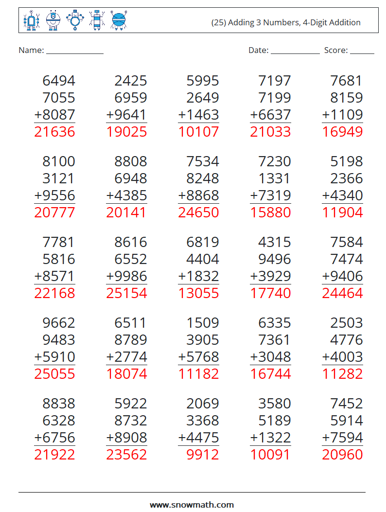 (25) Adding 3 Numbers, 4-Digit Addition Math Worksheets 4 Question, Answer