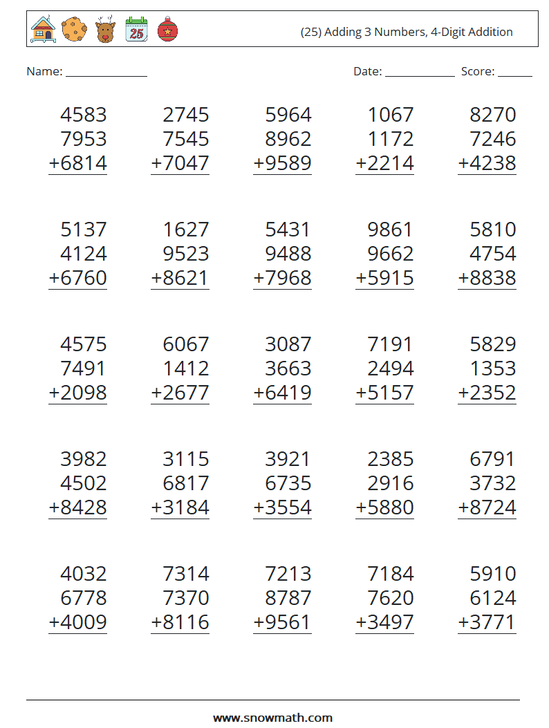 (25) Adding 3 Numbers, 4-Digit Addition Math Worksheets 5