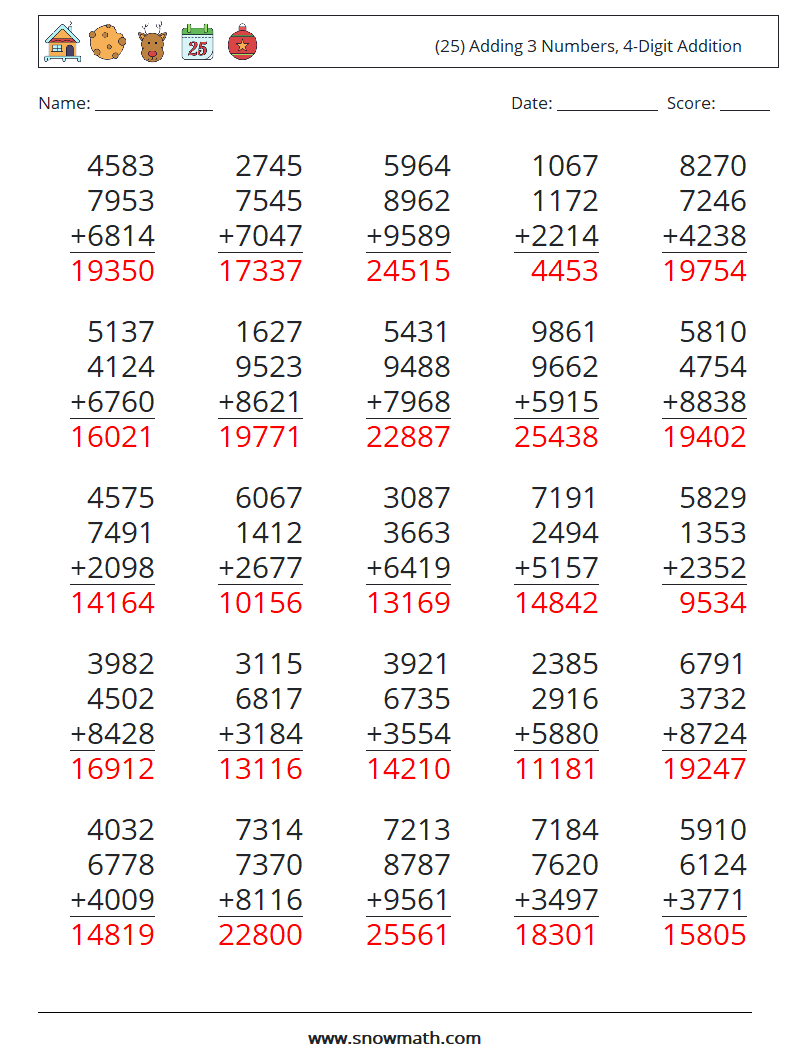 (25) Adding 3 Numbers, 4-Digit Addition Math Worksheets 5 Question, Answer
