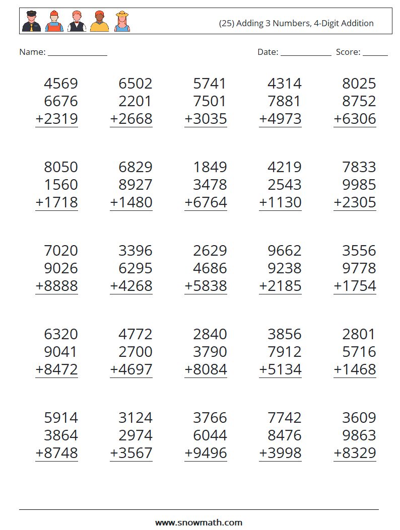 (25) Adding 3 Numbers, 4-Digit Addition Math Worksheets 6