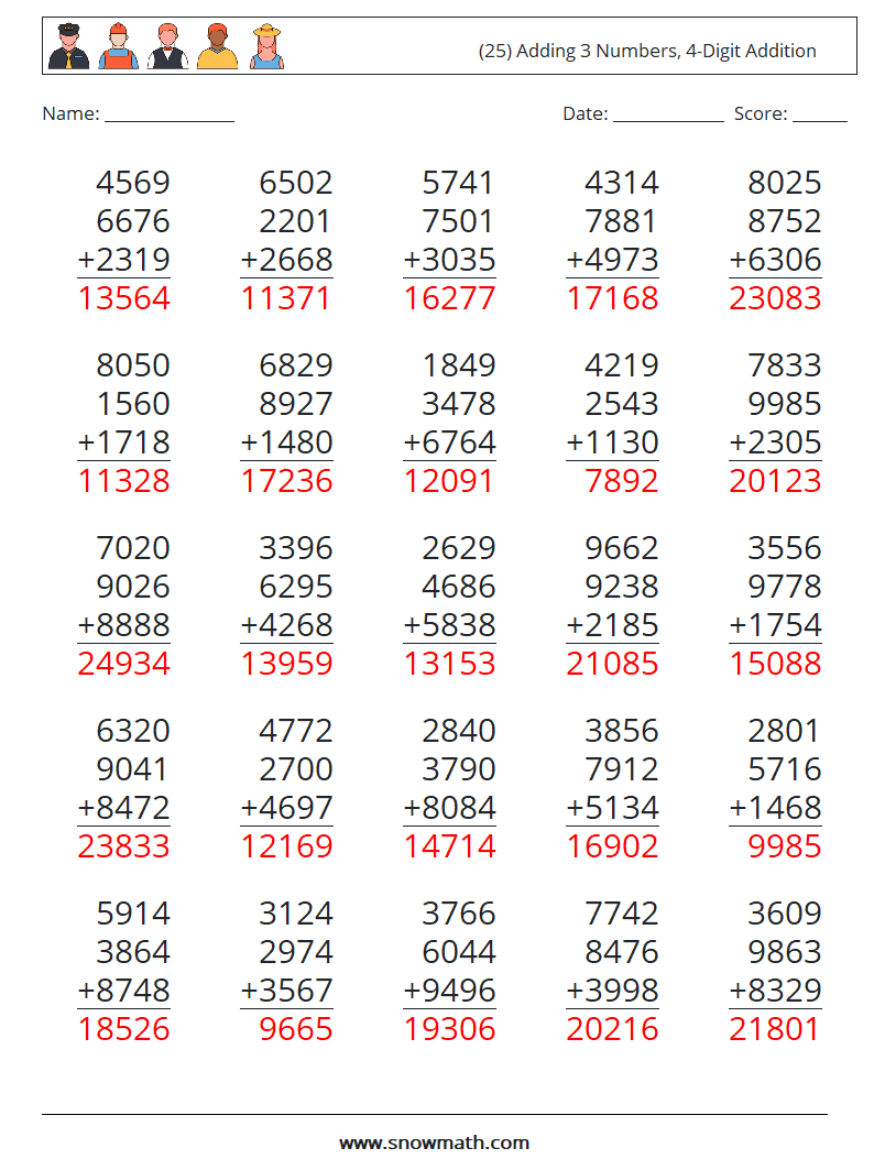 (25) Adding 3 Numbers, 4-Digit Addition Math Worksheets 6 Question, Answer