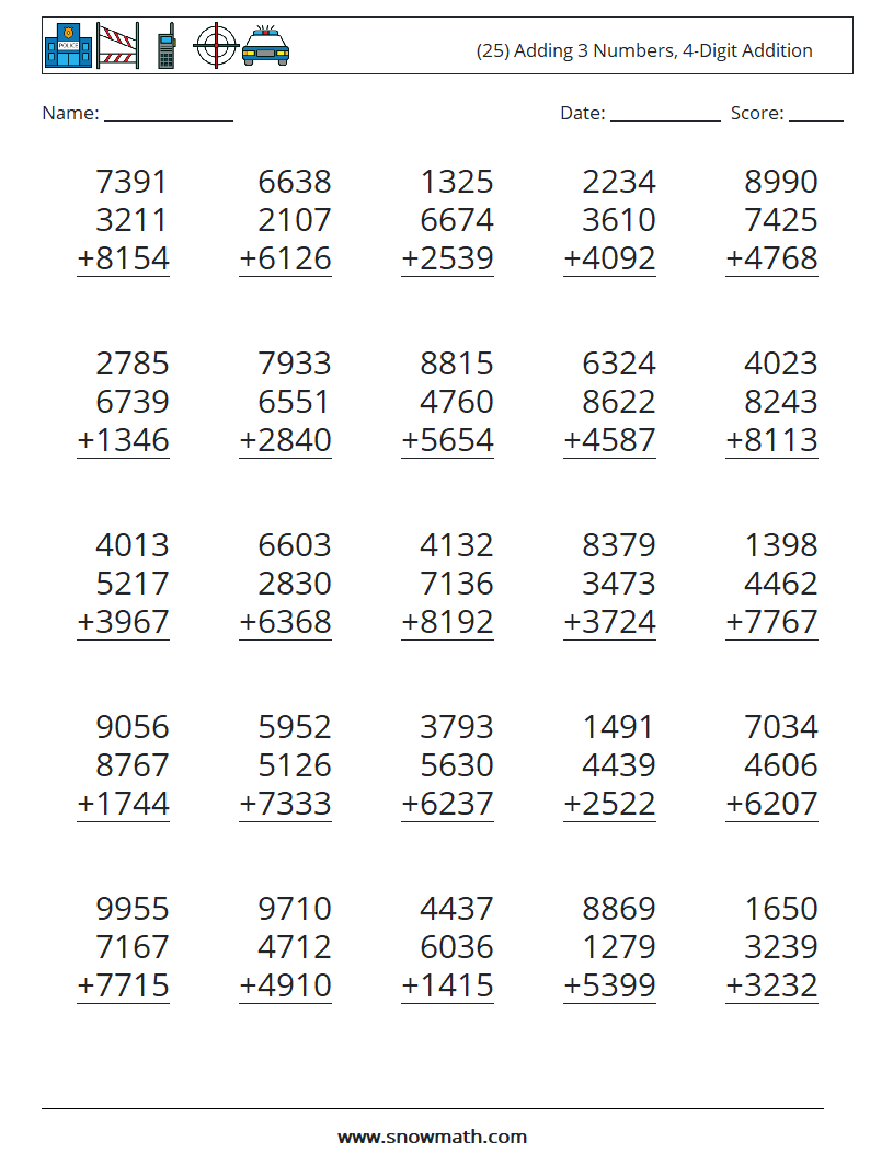 (25) Adding 3 Numbers, 4-Digit Addition Maths Worksheets 7