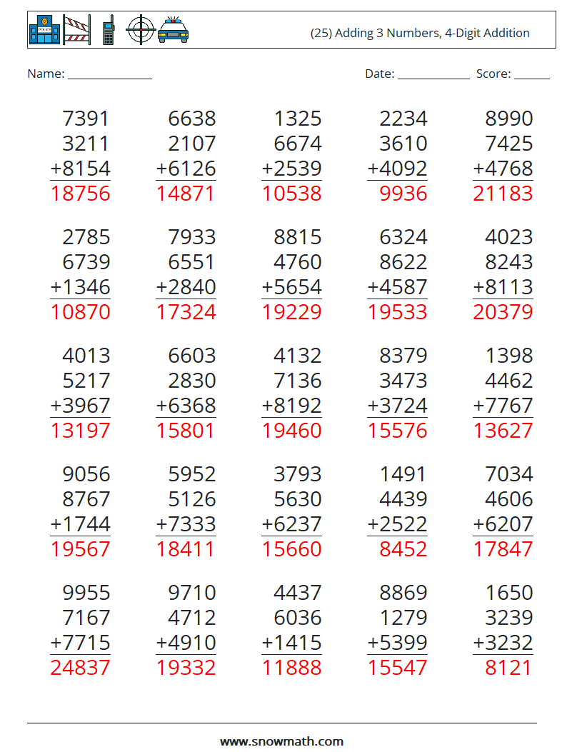 (25) Adding 3 Numbers, 4-Digit Addition Math Worksheets 7 Question, Answer