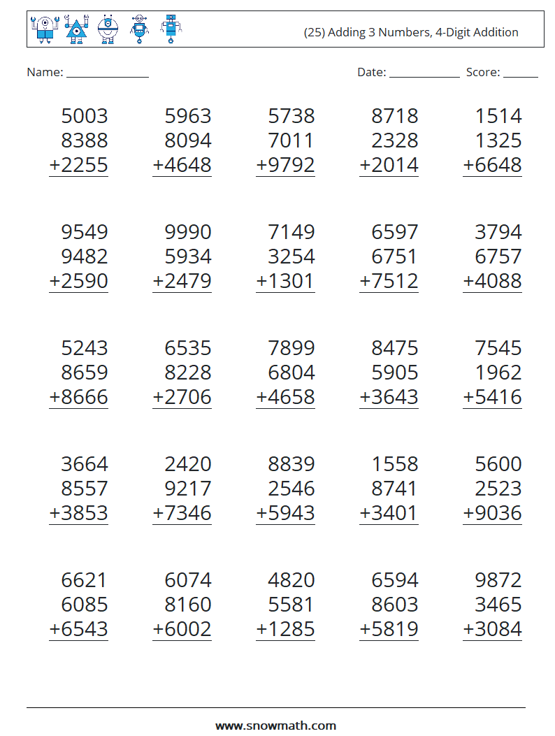 (25) Adding 3 Numbers, 4-Digit Addition Math Worksheets 8