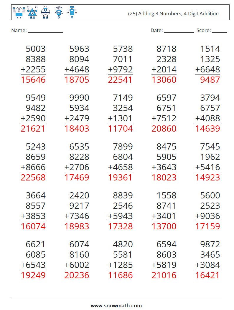 (25) Adding 3 Numbers, 4-Digit Addition Math Worksheets 8 Question, Answer