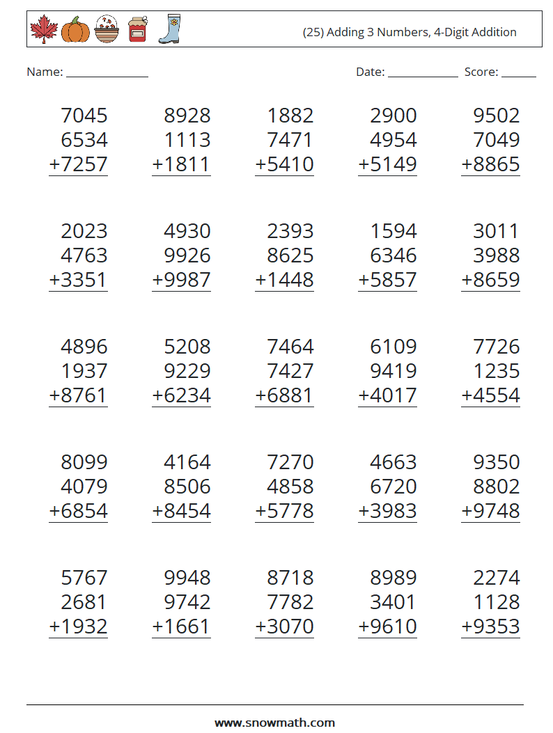 (25) Adding 3 Numbers, 4-Digit Addition Math Worksheets 9