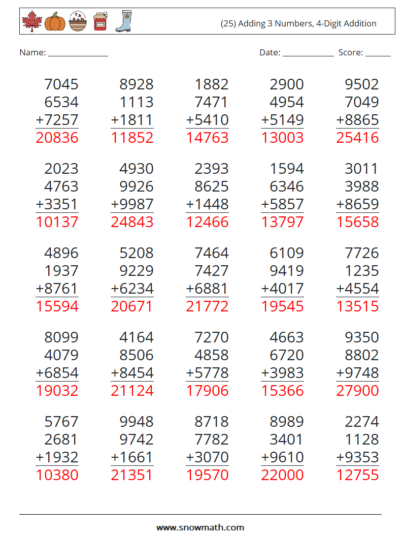 (25) Adding 3 Numbers, 4-Digit Addition Math Worksheets 9 Question, Answer