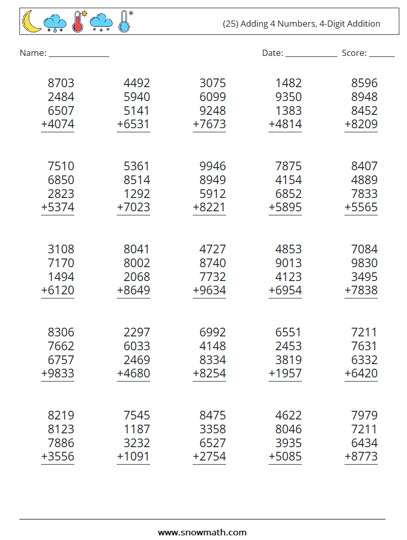 (25) Adding 4 Numbers, 4-Digit Addition Maths Worksheets 1